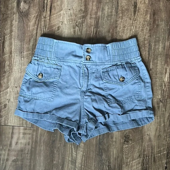 High Waist Blue Shorts with Distressed Hem - Picture 1 of 3